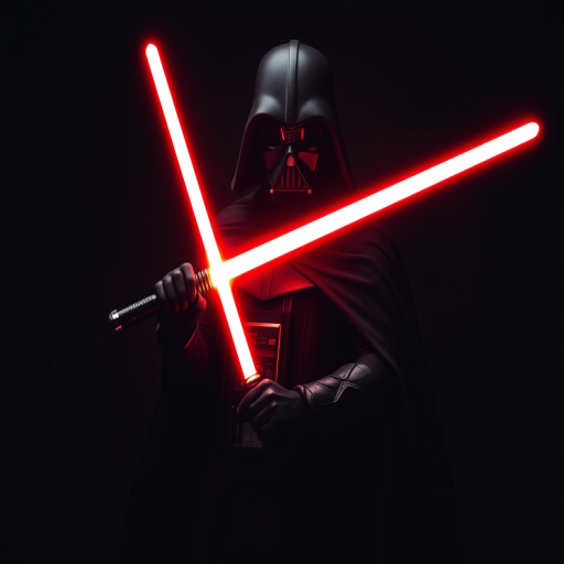 Generate an image of a dark, imposing figure in a black cape holding a glowing red lightsaber, captured with a DSLR camera at f/2.8 aperture, ISO 100, 50mm lens, in low-key lighting with a dramatic spotlight effect to enhance shadows and highlights.