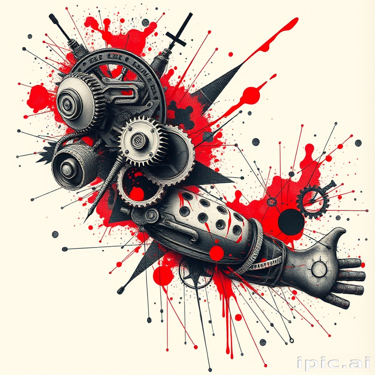 Biomechanical trash polka tattoo combining realistic mechanical elements with abstract splashes of red and black ink, creating a dynamic and chaotic full-sleeve masterpiece