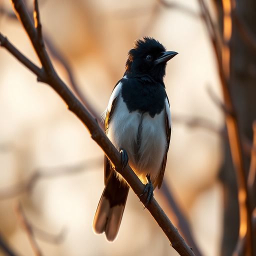 Capture a close-up photograph of a Eurasian magpie perched on a tree branch during golden hour, using a DSLR camera with a 70-200mm lens, aperture set to f/4, ISO 200, shutter speed 1/200s, in natural light to enhance details and colors.