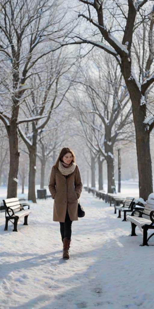 Snow-covered city park, with bare trees and frosty benches, a woman in a woolen scarf and mittens walks slowly down the path, her breath visible in the cold air as she enjoys the peaceful winter scene.