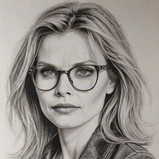 Superb Michelle Pfeiffer, pencil sketch, portrait of Fascinating woman 1980s in glasses, hair style beatnik, outline, clear lines, fine lines, 8k