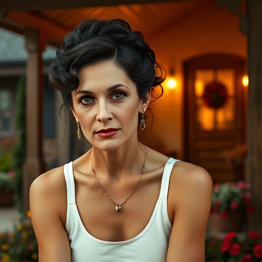 A photo of Greta Garbo with a background of a cozy porch. She has dark hair pulled back in an updo, with tendrils framing her face. She wears a white tank top and sits on the porch. The porch is part of a well-lit home with a warm, earthy tone and colorful flowers and foliage. The overall scene has a warm, welcoming, and comfortable ambiance.