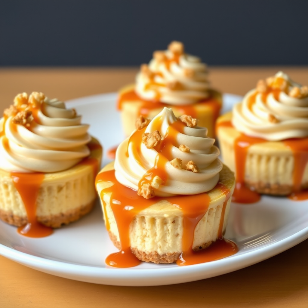 Delicious mini caramel cheesecakes topped with swirls of creamy frosting and crushed nuts drizzled with caramel sauce on a white plate