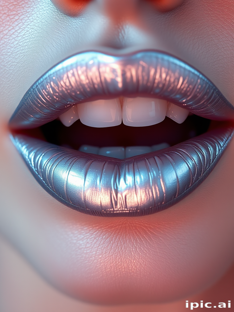 Ethereal Moonlit Silver lip shade presenting a cool-toned metallic hue, holographic finish, and lightweight feel, perfect for futuristic and avant-garde makeup concepts