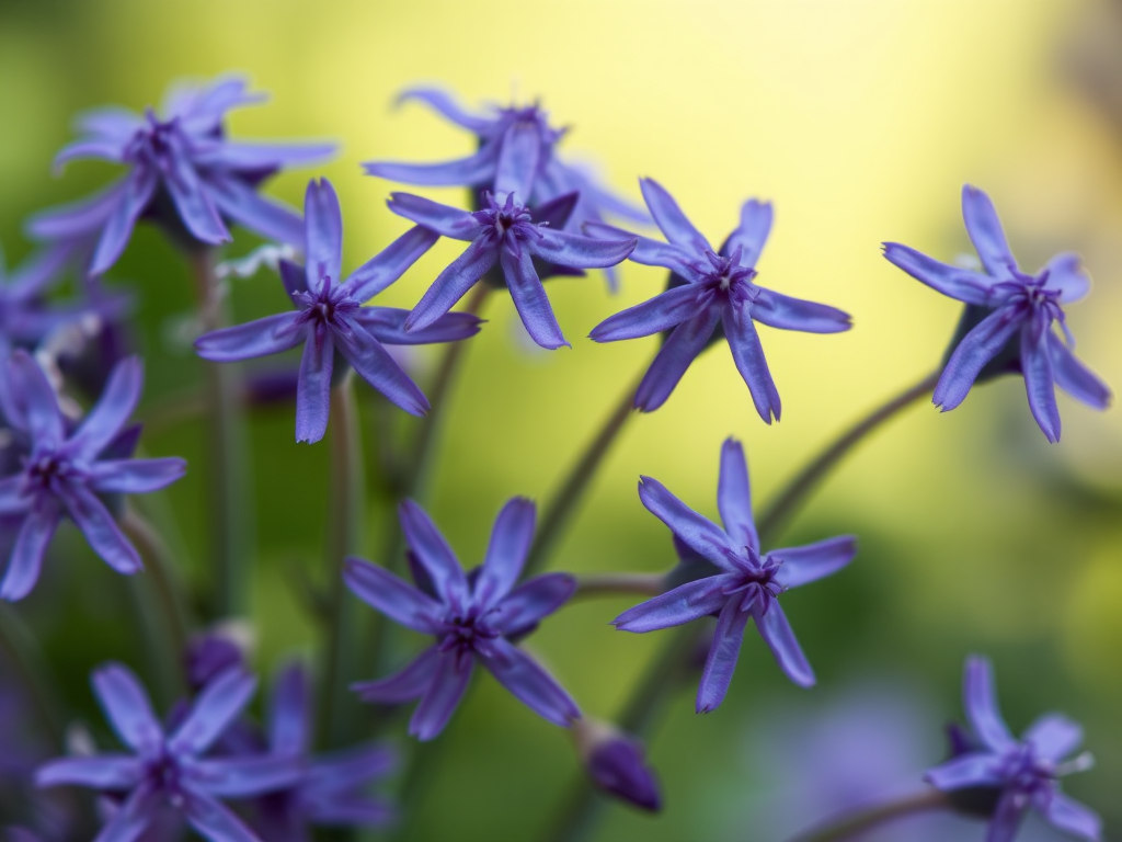 a close-up image of delicate purple flowers with star-shaped petals, showcasing intricate details and soft lighting against a blurred green background