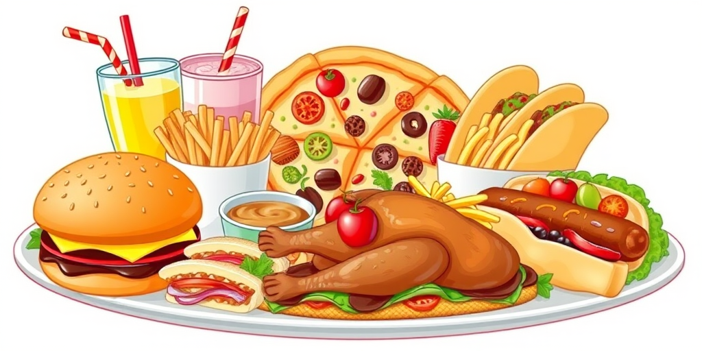 create an illustration of various fast food items including a hamburger, milkshake, pizza with toppings, tacos, french fries, hot dog, sandwich, roast turkey with fruits on a platter, styled with vibrant colors and a white background, shot with a DSLR camera at f/8 aperture, 50mm lens, and natural light to enhance details and clarity