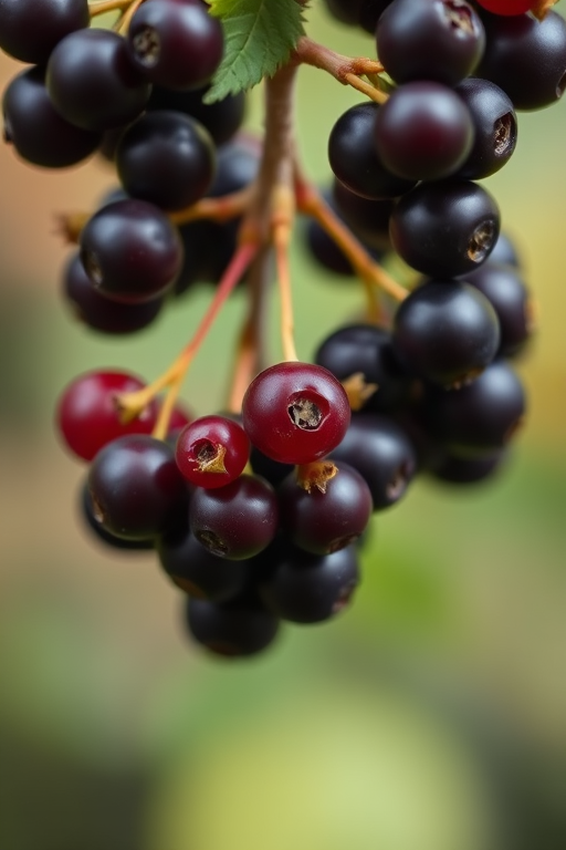 Close-up shot of blackcurrant clusters hanging on a branch, soft focus background, 50mm lens, f/2.8 aperture, ISO 100, natural light.