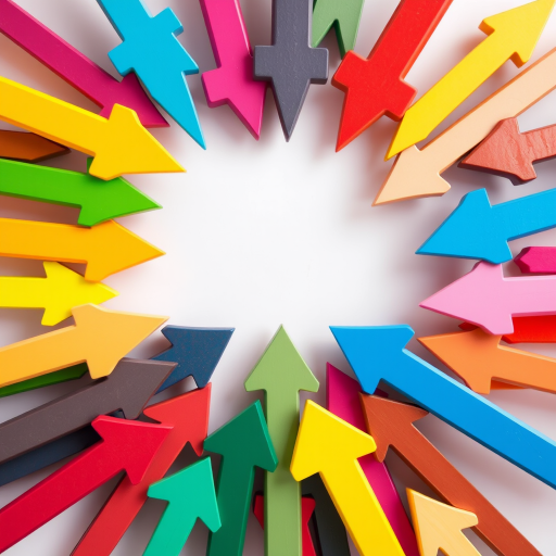 Create an image of a colorful abstract composition of various upward-pointing arrows in a dynamic arrangement, captured with a DSLR camera at f/8 aperture, ISO 100, 50mm lens, natural lighting, top-down view, with vibrant colors and high contrast to enhance clarity.