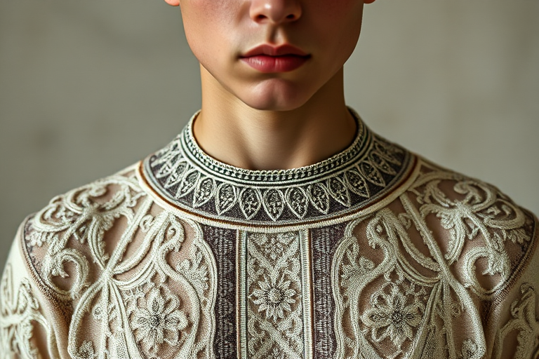 Face, shoulders, chest covered in openwork Coptic embroidery. Raw, unedited image.