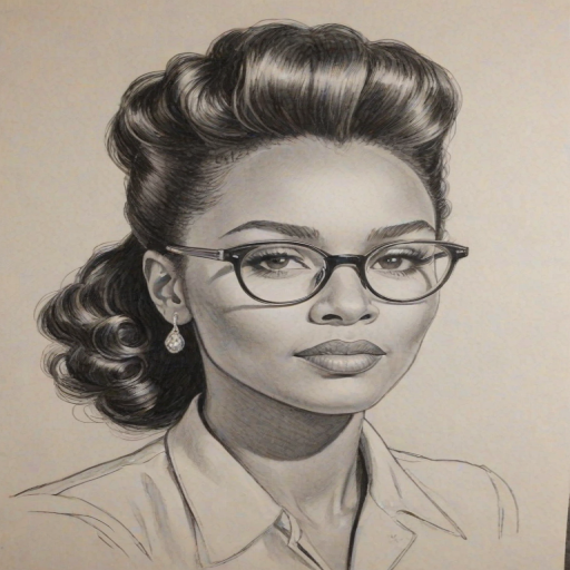 Wonderful Janelle Mon'e, pencil sketch, portrait of Magnificent woman 1948s in glasses, hair style beatnik, outline, clear lines, fine lines, 8k
