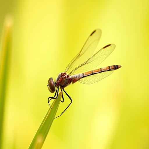 close-up shot of a dragonfly resting on a blade of grass, soft focus background, shallow depth of field, aperture f/2.8, ISO 100, shutter speed 1/200, macro lens, natural light, DSLR camera