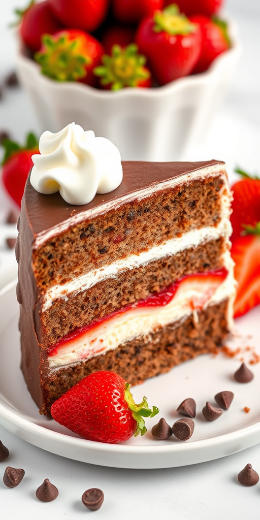 A slice of multi-layered cake on a white plate with chocolate, strawberry, and vanilla layers garnished with whipped cream and fresh strawberries on the side. The background includes a bowl of strawberries and chocolate chips scattered around.