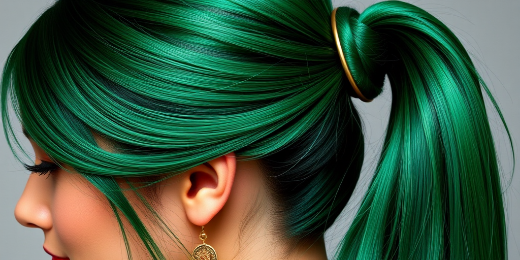 Glossy emerald green straight hair styled in a sleek high ponytail with metallic gold accents, exuding elegance and sophistication named Jade Empress