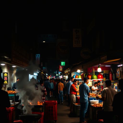 High-contrast, night-time image of a bustling street food market, colorful stalls lined up along the street, smoke rising from grills, vendors chatting with customers, soft neon lights casting a warm glow, the sound of sizzling food and soft chatter filling the air.