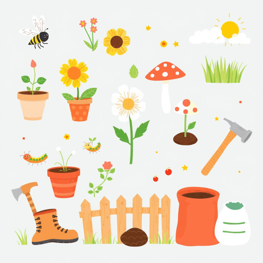 Create a high-resolution illustration of whimsical garden elements including a bee, potted plants, a flower, caterpillars, grass, a mushroom, a sprouting seedling, sunshine, a boot, an axe, a bucket, a fence, and a bag of soil, using a DSLR camera with a 50mm lens at f/2.8, ISO 100, shot from a top-down view for a vibrant and clear image quality.