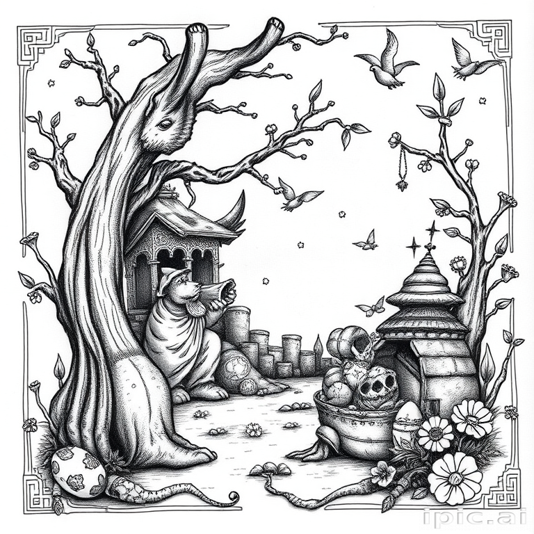 Illustrative black and gray tattoo named "Storyteller's Ink" depicting a narrative scene with intricate details and shading, resembling a page from a vintage storybook with hidden Easter eggs and symbolic elements throughout