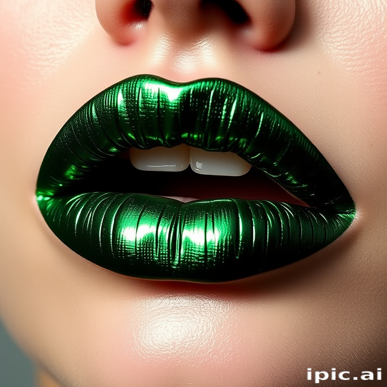 Metallic emerald green lips, christened "Enchanted Forest," showcasing a rich jewel tone and a foil-like finish for daring makeup looks