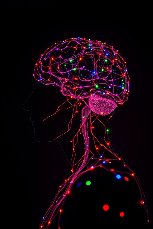 Create a surreal image of a human silhouette with an abstract representation of a brain made of colorful lights and networks, shot with a Canon EOS R5, aperture f/2.8, ISO 100, 35mm lens, in a soft focus style, with dramatic lighting to enhance the vibrant colors and details.