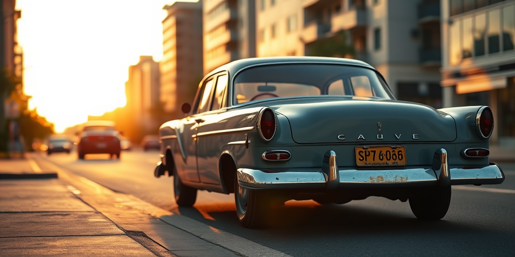 Capture a vintage grey sedan parked on a city street during golden hour, using a Canon EOS R5 with a 50mm f/1.2 lens at ISO 100, aperture f/2.8, and shutter speed 1/250s for a sharp focus, shallow depth of field, and vibrant colors.