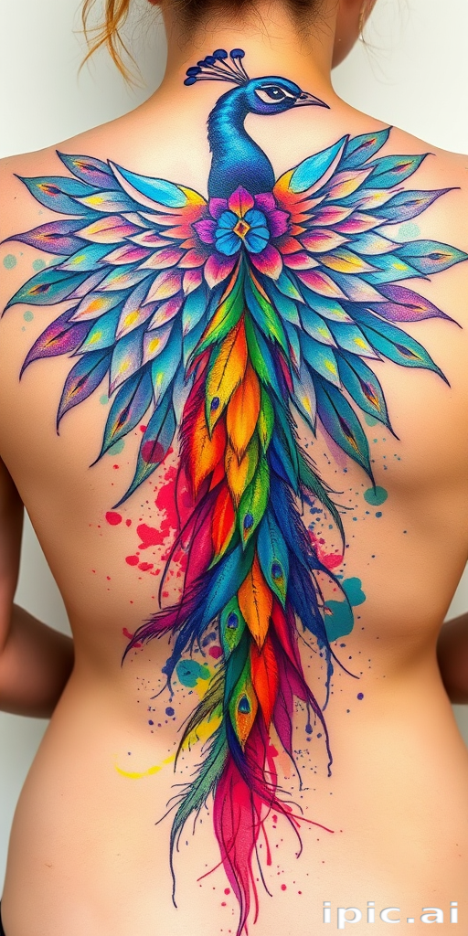 Vibrant watercolor tattoo named "Spectrum Splash" featuring a majestic peacock with iridescent feathers spreading across the upper back, its tail feathers transforming into a cascade of vibrant rainbow hues that flow down the spine, incorporating delicate brush strokes and paint splatters for a dynamic and artistic effect