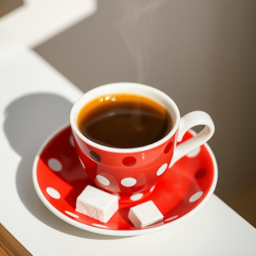A steaming cup of coffee in a red polka dot cup on a matching saucer with a sugar cube beside it, macro photography, aperture f/2.8, ISO 100, 50mm lens, soft natural lighting.