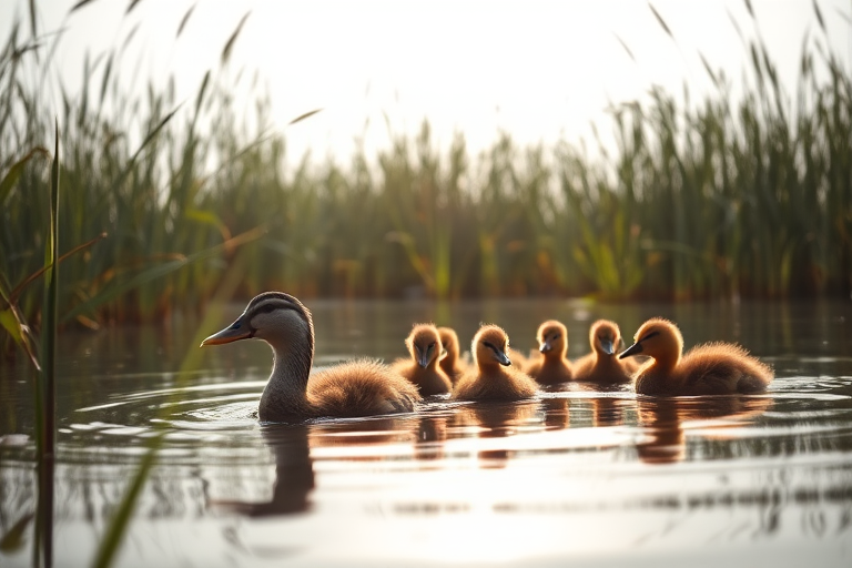 A mother duck swimming with her ducklings in a serene pond surrounded by tall grass, early morning light, 24mm lens, f/8 aperture, ISO 200, shutter speed 1/500 sec, low angle view, DSLR camera.