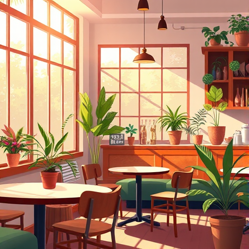 Create a vibrant digital illustration of a cozy coffee shop interior during the day, featuring wooden furniture, potted plants, and sunlight streaming through large windows, captured with a 35mm lens at f/2.8, ISO 200, in soft natural light, utilizing a DSLR camera with a shallow depth of field for an inviting atmosphere.