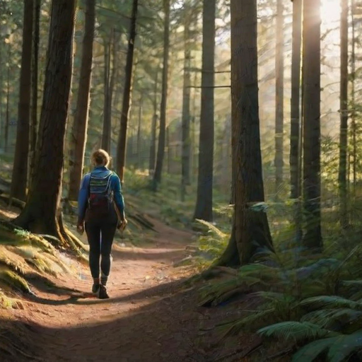 Scenic hiking trail through a dense forest, with sunlight streaming through the trees, a woman in comfortable hiking gear taking a moment to appreciate the beauty around her.