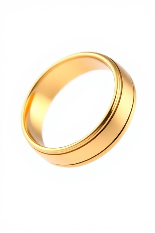 Create a high-resolution image of a golden wedding band floating in mid-air with a clean white background, using a professional DSLR camera with a 50mm lens, aperture set to f/2.8 for a shallow depth of field, ISO 100 for maximum clarity, and soft diffused lighting for an elegant effect.