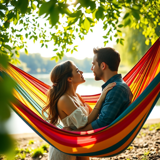 A romantic couple sharing a kiss in a colorful hammock by a peaceful lake, soft afternoon sunlight filtering through green leaves, 50mm lens, aperture f/2.8, ISO 100, shutter speed 1/200s, shot with a DSLR in portrait orientation for a shallow depth of field.