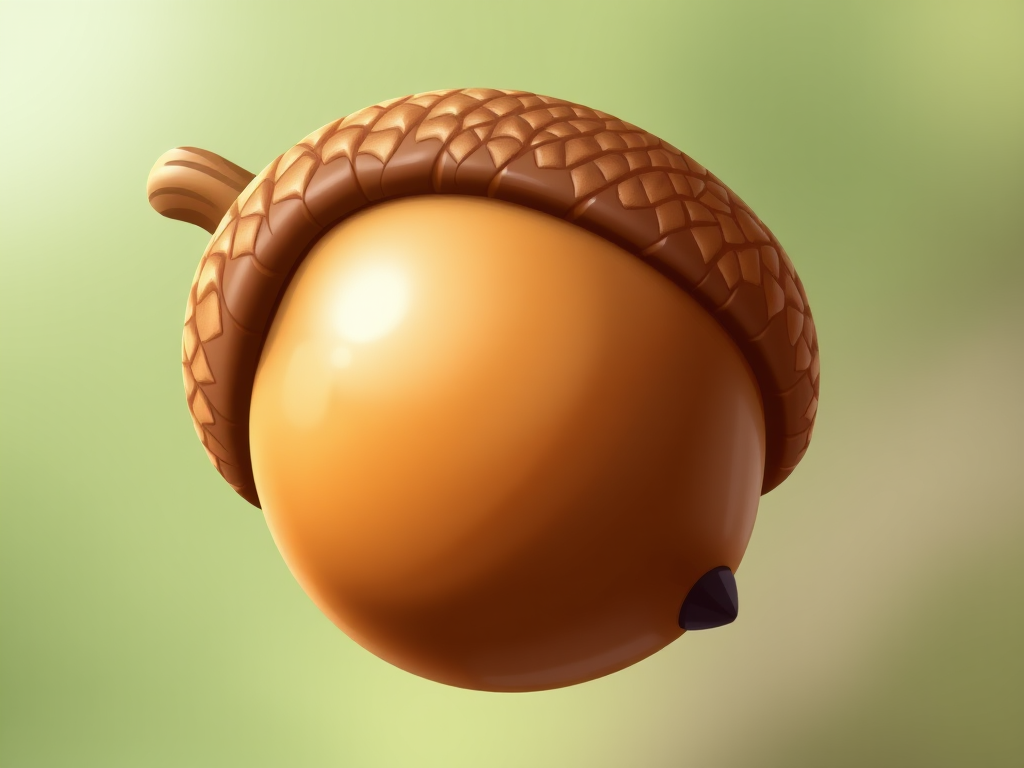 Create a detailed illustration of a cartoon acorn with a smooth, glossy surface, using high-resolution digital art techniques, shot with a DSLR camera at f/2.8 for a shallow depth of field, ISO 100 to minimize noise, and a soft, diffused lighting setup to enhance the contours and texture of the acorn, with a slight top-down angle to provide dimension and depth.