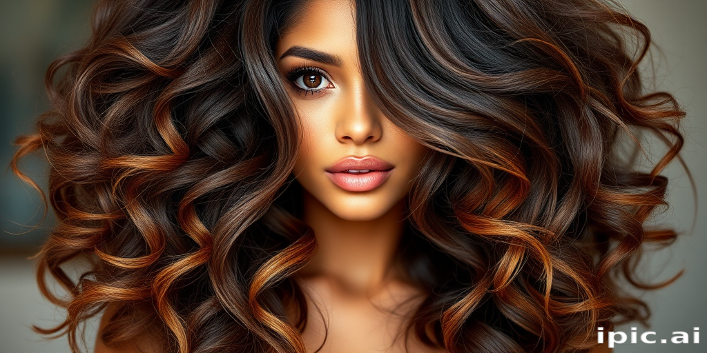 Stunning model with a luxurious chocolate brown mane styled in voluminous, bouncy curls, featuring subtle caramel ombré and long, wispy layers