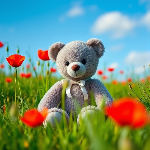 A cute gray teddy bear sitting in a green meadow with red poppies under a blue sky, shot with a 50mm lens, f/2.8 aperture, ISO 100, with soft focus background and natural lighting, using a DSLR camera.