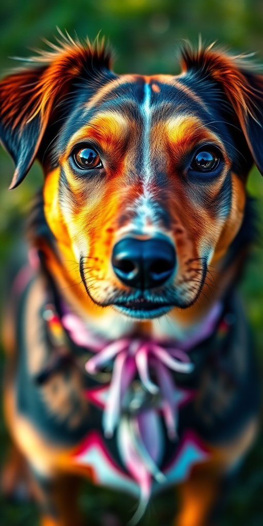 Create a vibrant, colorful portrait of a dog with an artistic flair using a DSLR camera, 50mm lens, f/1.8 aperture, ISO 100, natural light, and a shallow depth of field for enhanced image quality.