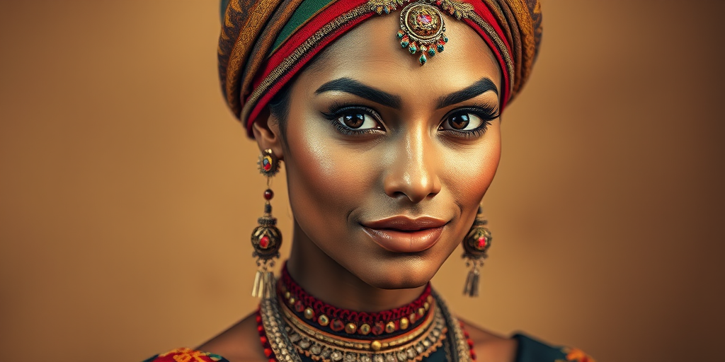 Create a portrait of a beautiful Tongan woman with striking black eyes and a gentle expression. She is adorned in traditional attire with intricate patterns, including a richly embroidered headscarf and matching garments. Her jewelry includes a delicate headpiece, dangling earrings, and ornate bracelets, all featuring vibrant gemstones and detailed metalwork. The background is soft and warm, enhancing the rich colors of her outfit and jewelry.