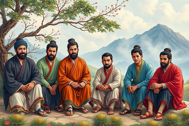 Create a vibrant, high-resolution image of traditional artwork depicting a group of nine young men seated in a serene landscape, captured with a DSLR camera, 50mm lens, f/2.8 aperture, ISO 100, natural light, and a shallow depth of field to focus on the intricate details of their clothing and expressions.