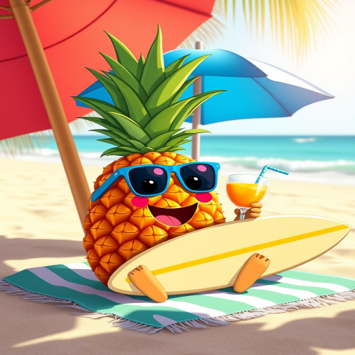 Create a vibrant cartoon-style illustration of a cheerful pineapple character sitting on a beach towel with a tropical drink under a blue umbrella, holding a surfboard, shot with a DSLR camera at f/2.8 aperture, ISO 100, 50mm lens focal length, in bright daylight to enhance colors and details.