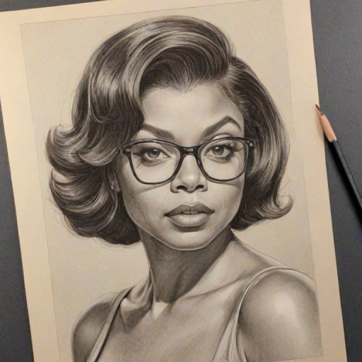 Sublime Taraji P. Henson, pencil sketch, portrait of Exquisite woman 1947s in glasses, hair style beatnik, outline, clear lines, fine lines, 8k
