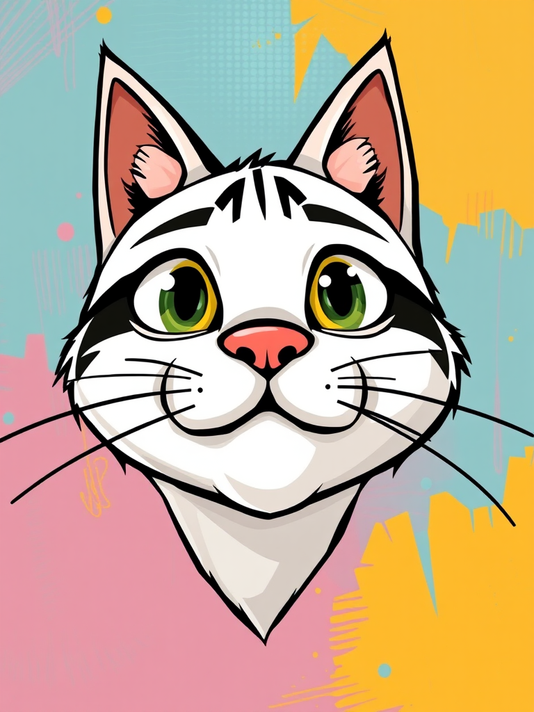 Create a high-quality illustration of a cartoon cat's face with exaggerated features, using a digital art style, focus on bold black outlines, and a simplistic design, shot with a Canon EOS 5D Mark IV, aperture f/4, ISO 100, 50mm lens, top-down perspective, vibrant colors background.