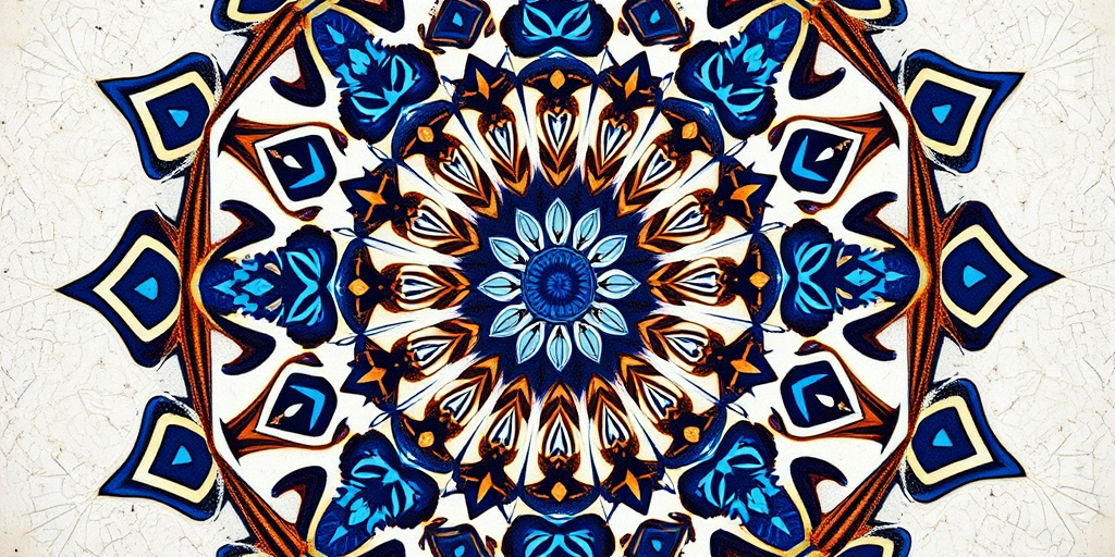 Create a symmetrical mandala pattern featuring intricate blue and brown designs, using a DSLR camera with a 50mm lens, f/2.8 aperture, ISO 100, and a shallow depth of field to enhance detail and clarity, shot from a top-down view.