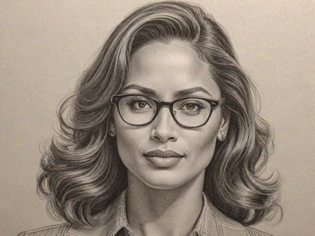 Pleasing Dwayne Johnson, pencil sketch, portrait of Stunning woman 1941s in glasses, hair style beatnik, outline, clear lines, fine lines, 8k