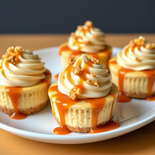 Delicious mini caramel cheesecakes topped with swirls of creamy frosting and crushed nuts drizzled with caramel sauce on a white plate