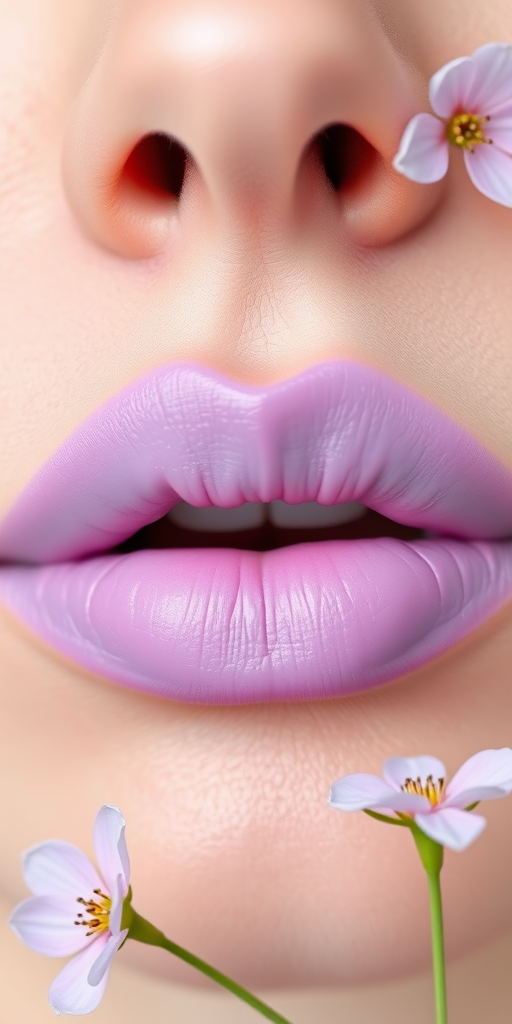 Playful pastel lavender lips exude whimsical charm, featuring a soft matte finish and delicate lilac hues that evoke springtime freshness