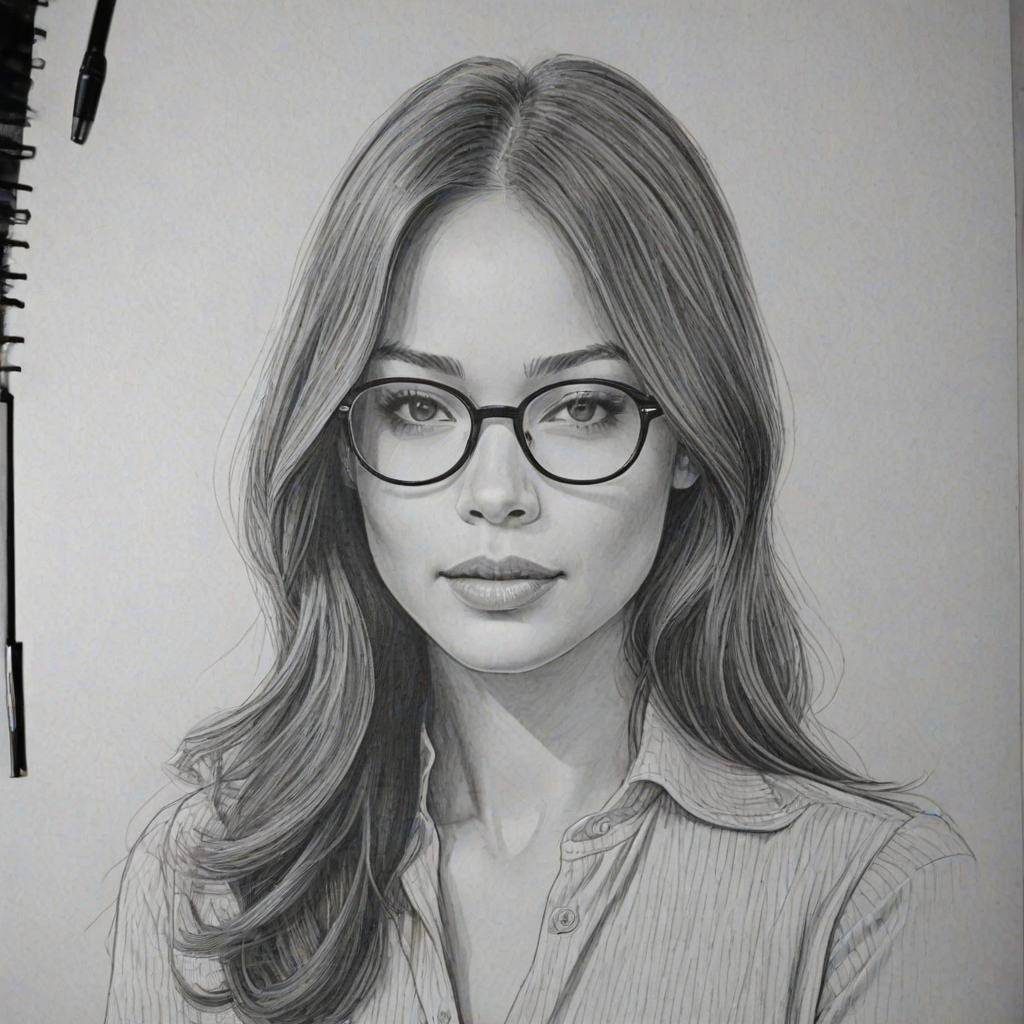Bewitching Kristin Kreuk, pencil sketch, portrait of Elegant woman 1967s in glasses, hair style beatnik, outline, clear lines, fine lines, 8k