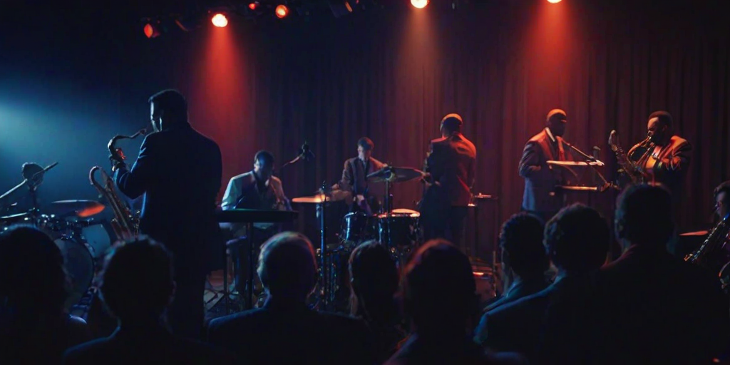Blurry, dynamic shot of a jazz band performing in a dimly lit club, soft red and blue stage lights casting long shadows, with the saxophonist's fingers caught mid-note and the audience barely visible in the background.