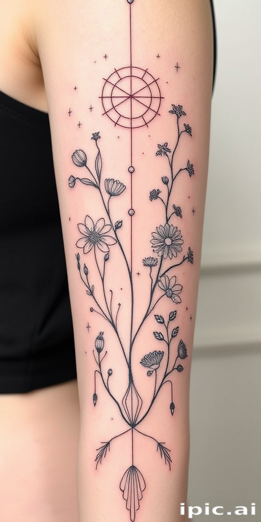Fine line tattoo titled "Whispered Secrets" featuring delicate, minimalist linework creating intricate botanical illustrations and celestial motifs, with subtle shading and negative space enhancing the ethereal quality of the design