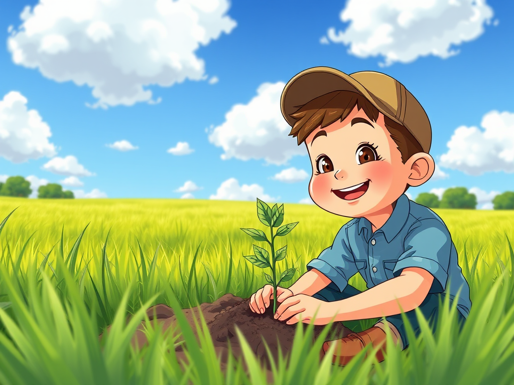 Create a cartoon-style image of a boy with a cap, smiling while planting a young sapling in a grassy field, with fluffy clouds in a blue sky, using a digital illustration technique, shot from an eye-level perspective, with vibrant colors and clear outlines, using a high-resolution setting.