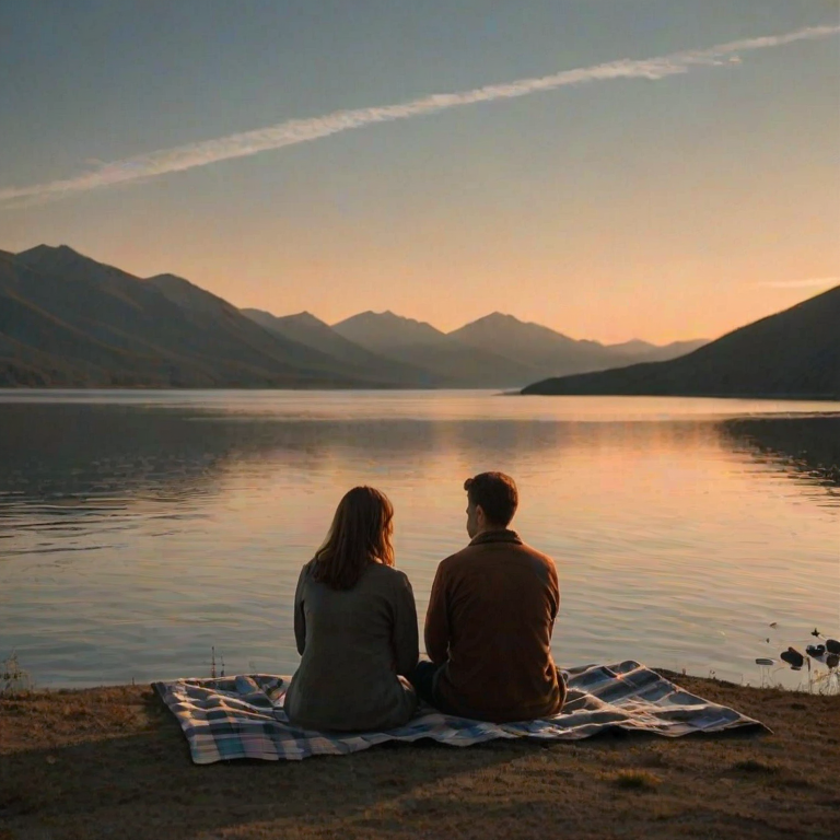 Warmly lit image of a couple sitting on a blanket by a lake at sunset, soft glow from the setting sun reflecting off the water, distant mountains silhouetted against the sky, gentle waves lapping at the shore, a peaceful, quiet moment captured.