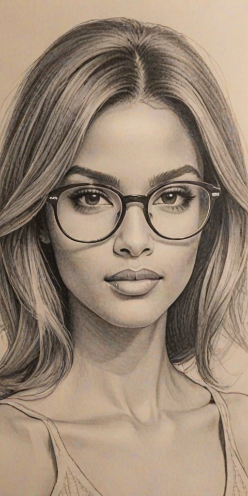 Beauteous Ciara, pencil sketch, portrait of Fetching woman 1967s in glasses, hair style beatnik, outline, clear lines, fine lines, 8k