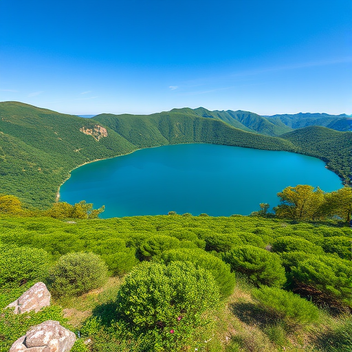 Generate a vibrant, high-resolution image of a scenic landscape featuring a tranquil lake surrounded by lush green hills under a clear blue sky, captured with a Canon EOS R5 at f/8, ISO 100, 1/125s, wide-angle view, in natural light.